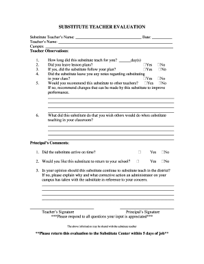 Substitute Teacher Evaluation Form