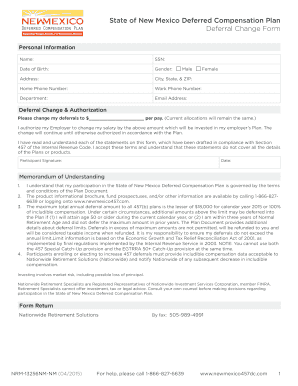 New Mexico Deferred Compensation Deferral Change Form