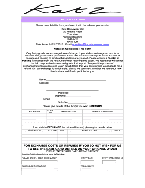 Katz Dancewear Return and Exchange Form