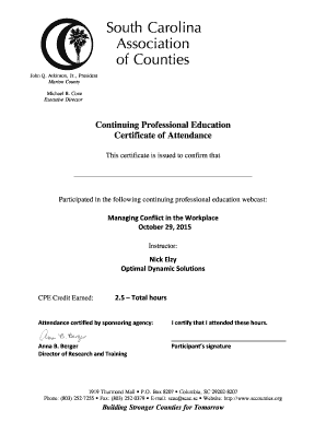 South Carolina CPE Certificate of Attendance