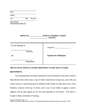 Montana Divorce Summons for Publication