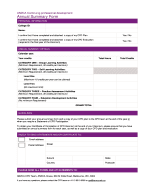 ANZCA Continuing Professional Development Annual Summary Form