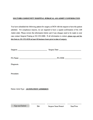 Doctors Community Hospital Surgical AM Admit Confirmation