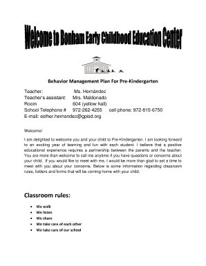 Pre-Kindergarten Behavior Management Plan
