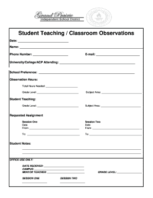 Student Teaching Classroom Observation Form