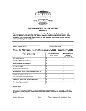 2010-2011 Low Income Documentation Form