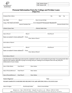 Personal Information Form for College and Perkins Loans