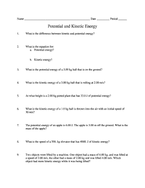 Physics Worksheet Potential and Kinetic Energy