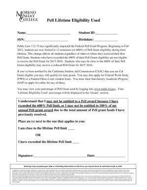 Pell Lifetime Eligibility Used Form