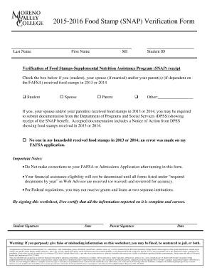 2015-2016 Food Stamp (SNAP) Verification Form