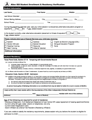 Allen ISD Student Enrollment Form