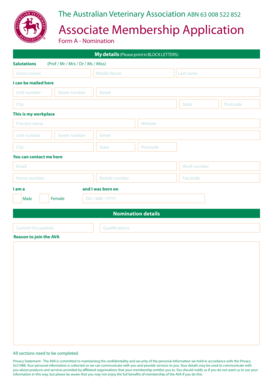 Australian Veterinary Association Associate Membership Application