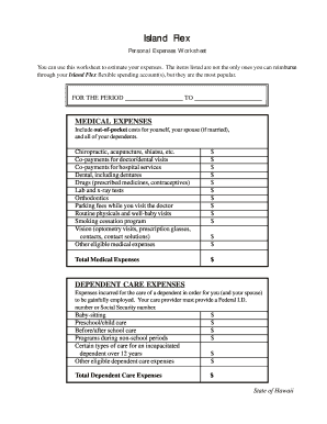 Island Flex Personal Expenses Worksheet