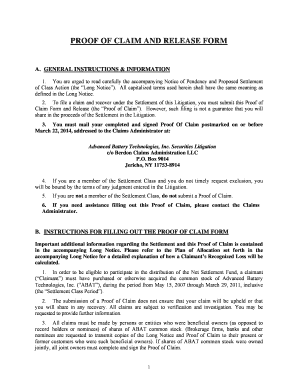 Proof of Claim and Release Form
