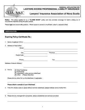 Lawyers Excess Professional Liability Insurance Application