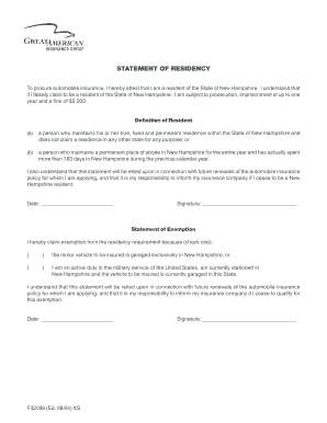 New Hampshire Residency Statement for Auto Insurance