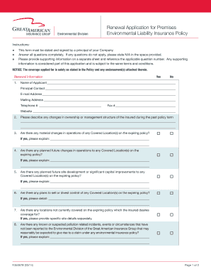 Premises Environmental Liability Insurance Policy Renewal Application