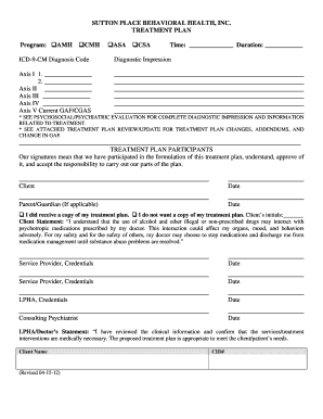 Sutton Place Behavioral Health Treatment Plan