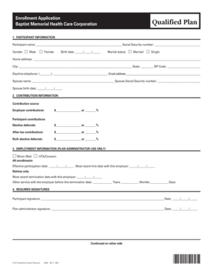 Baptist Memorial Health Care Corporation Qualified Plan Enrollment Application