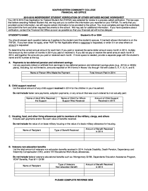 2015-2016 Independent Student Verification of Other Untaxed Income Worksheet