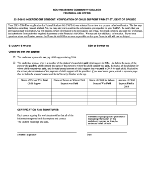 2015-2016 Independent Student Child Support Verification Form