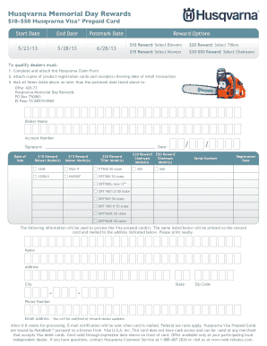 Husqvarna Memorial Day Rewards Claim Form