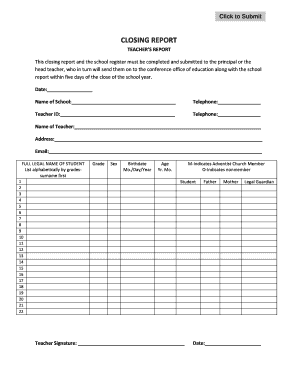 Teacher's Closing Report