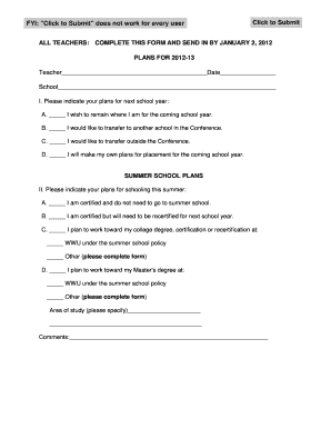 Teacher Summer School Plans Form