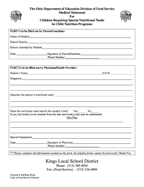 Ohio Special Nutritional Needs Medical Statement