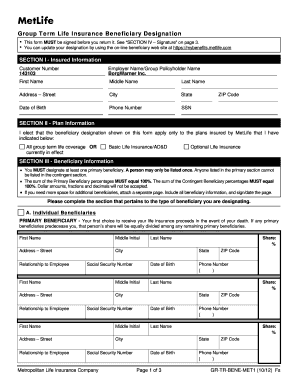 Group Term Life Insurance Beneficiary Designation