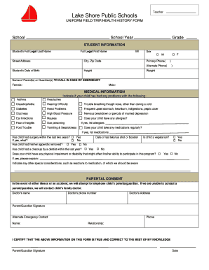 Field Trip Health History Form