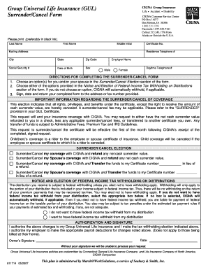 CIGNA Group Universal Life Insurance Surrender/Cancel Form