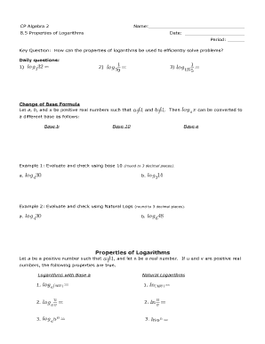 CP Algebra 2 Logarithm Properties Worksheet