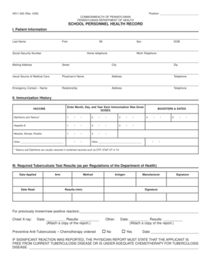 Pennsylvania School Personnel Health Record