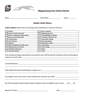 Student Health History Form
