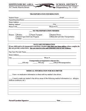 Shippensburg Area School District Transportation Form