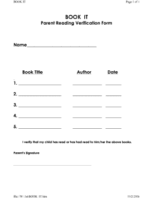 Parent Reading Verification Form