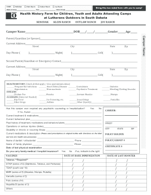 Health History Form for Campers