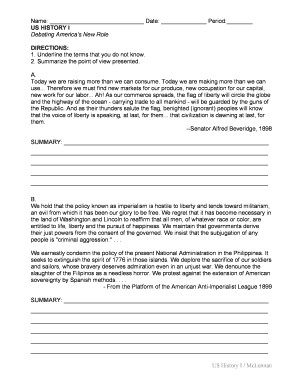 US History Debate Worksheet