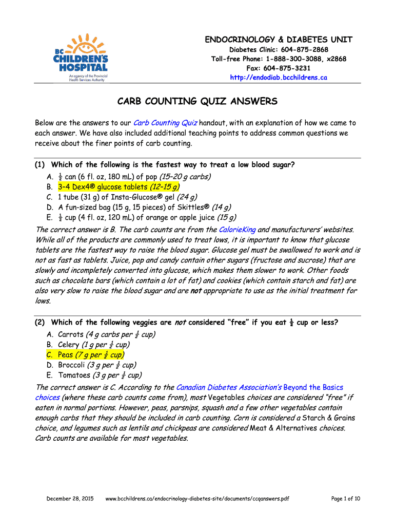 Fillable Online CARB COUNTING QUIZ ANSWERS Fax Email Print pdfFiller