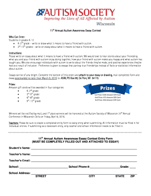 11th Annual Autism Awareness Essay Contest Entry Form