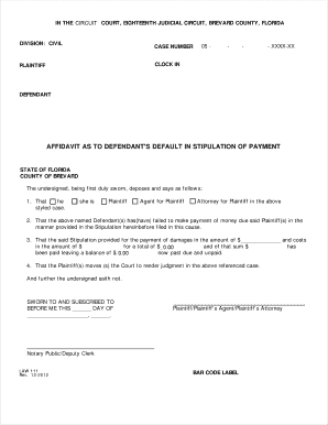 Affidavit As To Defendants Default in Stipulation of Payment - Law 111