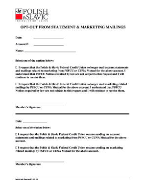 Opt-Out from Statements & Marketing Mailings