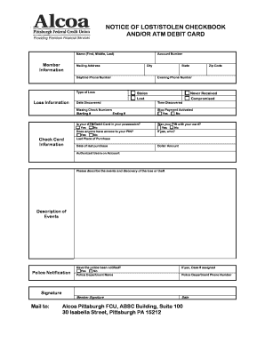 Notice of Lost/Stolen Checkbook and/or ATM Debit Card