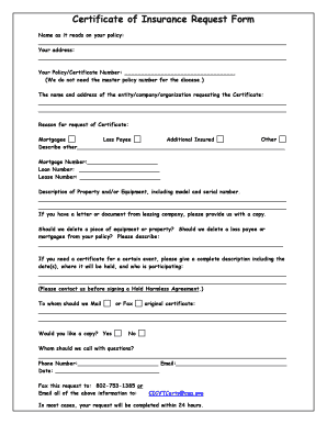 Certificate of Insurance Request Form