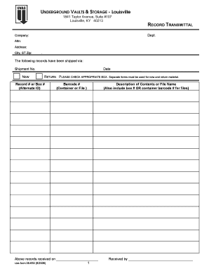 Underground Vaults Storage Record Transmittal Form