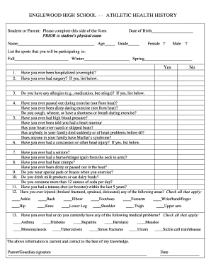 Athletic Health History Form