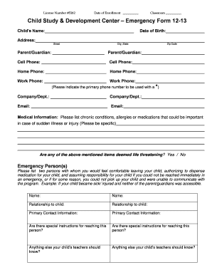 Child Study & Development Center Emergency Form