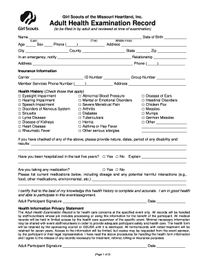 Girl Scouts Adult Health Examination Record