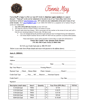 Fannie May Gift Card Order Form